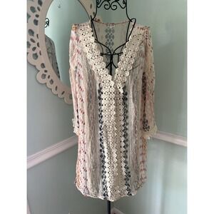 En Creme L Women's Creme Floral Coverup‎ Poncho Top Tunic